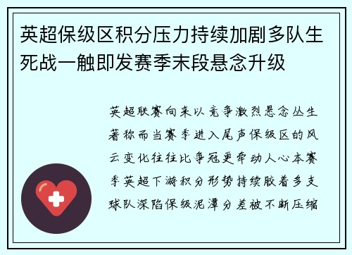 英超保级区积分压力持续加剧多队生死战一触即发赛季末段悬念升级 英超保级区积分压力持续加剧多队生死战一触即发赛季末段悬念升级