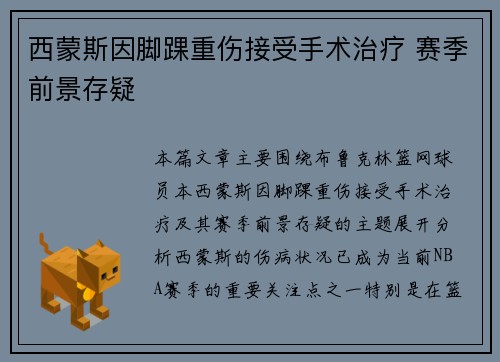 西蒙斯因脚踝重伤接受手术治疗 赛季前景存疑