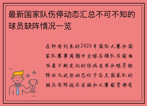 最新国家队伤停动态汇总不可不知的球员缺阵情况一览